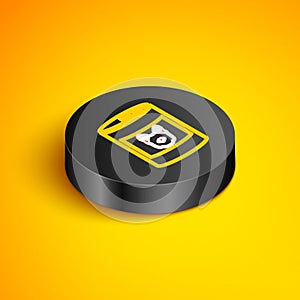 Isometric line Canned food for dog icon isolated on yellow background. Food for animals. Pet dog food can. Black circle