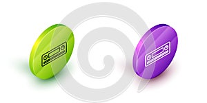 Isometric line Car Audio icon isolated on white background. Fm radio car audio icon. Green and purple circle buttons