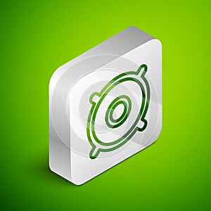 Isometric line Car audio speaker icon isolated on green background. Silver square button. Vector