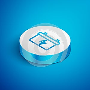 Isometric line Car battery icon isolated on blue background. Accumulator battery energy power and electricity