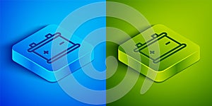 Isometric line Car battery icon isolated on blue and green background. Accumulator battery energy power and electricity