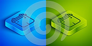 Isometric line Car battery icon isolated on blue and green background. Accumulator battery energy power and electricity