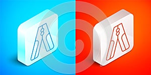 Isometric line Car battery jumper power cable icon isolated on blue and red background. Silver square button. Vector