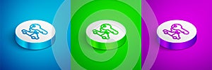 Isometric line Car gift icon isolated on blue, green and purple background. Car key prize. White circle button. Vector