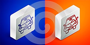 Isometric line Car icon isolated on blue and orange background. Front view. Silver square button. Vector