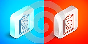Isometric line Car inspection icon isolated on blue and red background. Car service. Silver square button. Vector