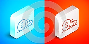 Isometric line Car rental icon isolated on blue and red background. Rent a car sign. Key with car. Concept for