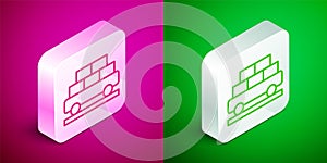 Isometric line Cargo train wagon icon isolated on pink and green background. Full freight car. Railroad transportation