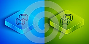 Isometric line Chain link icon isolated on blue and green background. Link single. Hyperlink chain symbol. Square button