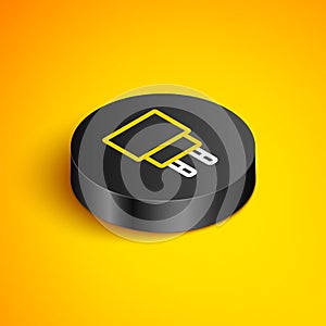 Isometric line Charger icon isolated on yellow background. Black circle button. Vector