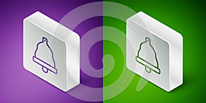 Isometric line Church bell icon isolated on purple and green background. Alarm symbol, service bell, handbell sign