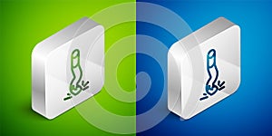 Isometric line Cigarette butt icon isolated on green and blue background. Stubbed out cigarette. Silver square button