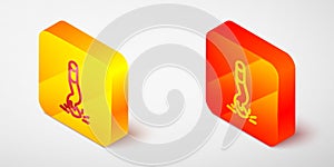 Isometric line Cigarette butt icon isolated on grey background. Stubbed out cigarette. Yellow and orange square button