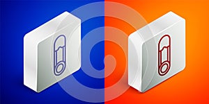 Isometric line Classic closed steel safety pin icon isolated on blue and orange background. Silver square button. Vector