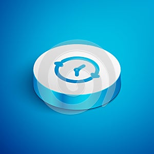 Isometric line Clock icon isolated on blue background. Time symbol. White circle button. Vector