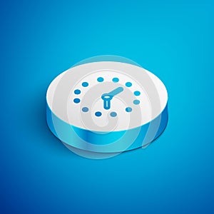 Isometric line Clock icon isolated on blue background. Time symbol. White circle button. Vector