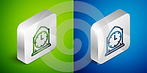 Isometric line Clock icon isolated on green and blue background. Time symbol. Silver square button. Vector