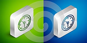 Isometric line Clock icon isolated on green and blue background. Time symbol. Silver square button. Vector