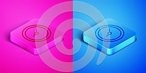 Isometric line Clock icon isolated on pink and blue background. Time symbol. Square button. Vector Illustration