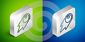 Isometric line Comet falling down fast icon isolated on green and blue background. Silver square button. Vector