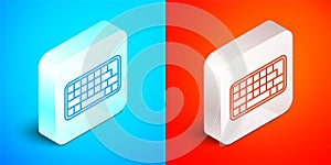 Isometric line Computer keyboard icon isolated on blue and red background. PC component sign. Silver square button