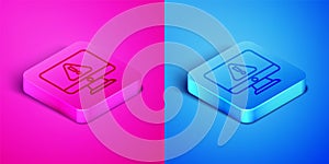 Isometric line Computer monitor with exclamation mark icon isolated on pink and blue background. Alert message