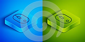 Isometric line Computer mouse icon isolated on blue and green background. Optical with wheel symbol. Square button