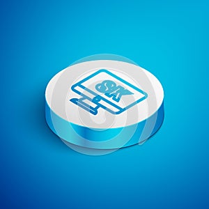 Isometric line Computer PC monitor display with 8k video technology icon isolated on blue background. White circle