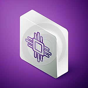 Isometric line Computer processor with microcircuits CPU icon isolated on purple background. Chip or cpu with circuit