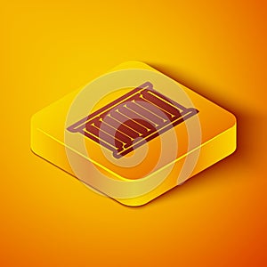 Isometric line Container icon isolated on orange background. Crane lifts a container with cargo. Yellow square button