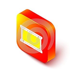 Isometric line Container icon isolated on white background. Crane lifts a container with cargo. Orange square button