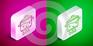 Isometric line Cooking pot on fire icon isolated on pink and green background. Boil or stew food symbol. Silver square