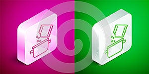 Isometric line Cooking pot and spice icon isolated on pink and green background. Boil or stew food symbol. Silver square