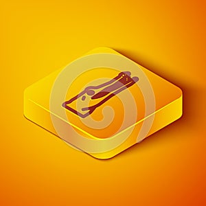 Isometric line Crocodile icon isolated on orange background. Animal symbol. Yellow square button. Vector