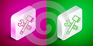 Isometric line Crossed hammer and wrench spanner icon isolated on pink and green background. Hardware tools. Silver