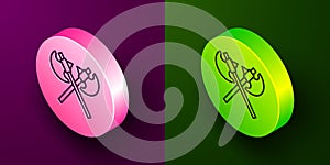 Isometric line Crossed medieval axes icon isolated on purple and green background. Battle axe, executioner axe. Medieval