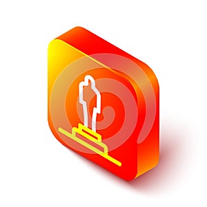 Isometric line 3D printer model icon isolated on white background. 3d printing. Orange square button. Vector