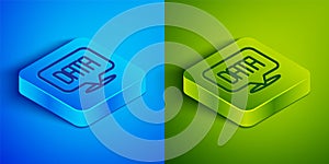 Isometric line Data analysis icon isolated on blue and green background. Business data analysis process, statistics