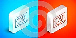 Isometric line Dating app online laptop concept icon isolated on blue and red background. Female male profile flat