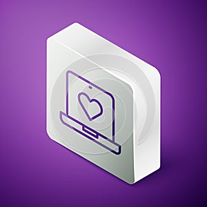 Isometric line Dating app online laptop concept icon isolated on purple background. Female male profile flat design