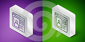 Isometric line Dating app online laptop concept icon isolated on purple and green background. Female male profile flat