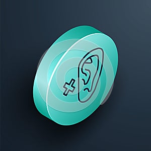 Isometric line Deafness icon isolated on black background. Deaf symbol. Hearing impairment. Turquoise circle button