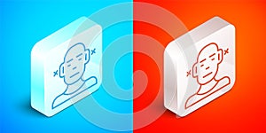 Isometric line Deafness icon isolated on blue and red background. Deaf symbol. Hearing impairment. Silver square button