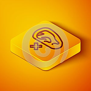 Isometric line Deafness icon isolated on orange background. Deaf symbol. Hearing impairment. Yellow square button