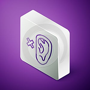 Isometric line Deafness icon isolated on purple background. Deaf symbol. Hearing impairment. Silver square button