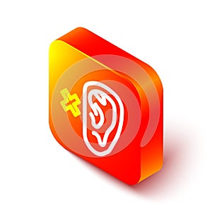 Isometric line Deafness icon isolated on white background. Deaf symbol. Hearing impairment. Orange square button. Vector