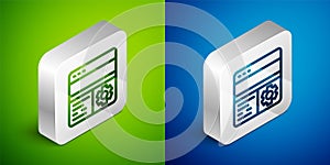 Isometric line Debugging icon isolated on green and blue background. Debugging tool. Magnifying glass on bug programming