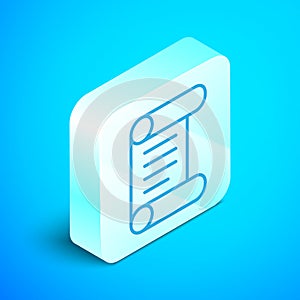 Isometric line Decree, paper, parchment, scroll icon icon isolated on blue background. Silver square button. Vector