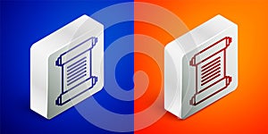 Isometric line Decree, paper, parchment, scroll icon icon isolated on blue and orange background. Silver square button. Vector