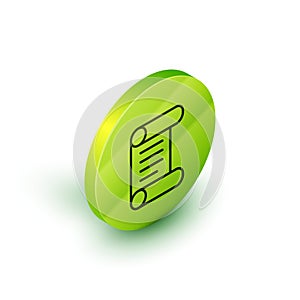 Isometric line Decree, paper, parchment, scroll icon icon isolated on white background. Green circle button. Vector